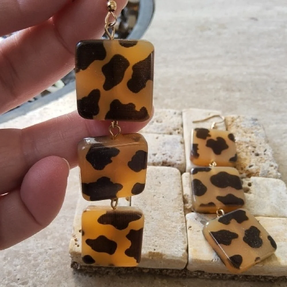 Plunder Design Leopard Print Square Dangle Earrings - Picture 2 of 3